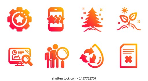 Settings gear, Grow plant and Search people line icons set. Christmas tree, Recycle water and Star signs. Seo analytics, Delete file symbols. Technology process, Leaves. Business set. Vector