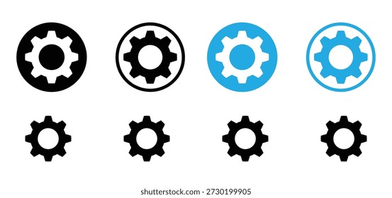 Conjunto de iconos de engranajes de Configuraciones. Botones de rueda dentada, configuración y opciones de Vector. Colección de símbolos mecánicos redondos planos negros y azules para el diseño de la interfaz de usuario.

