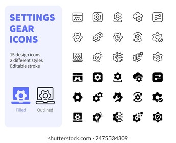 Settings Gear Icons Filled and Outlined web icon set. Such as update, install, wrench, system, Simple vector illustration editable stroke.