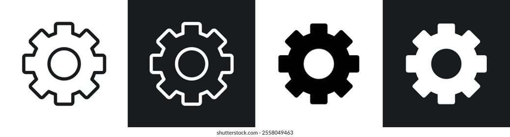 Settings gear icons pack in black and white filled and outlined versions.