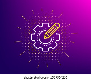 Settings gear line icon. Halftone pattern. Cogwheel with star sign. Edit working process symbol. Gradient background. Settings gear line icon. Yellow halftone pattern. Vector