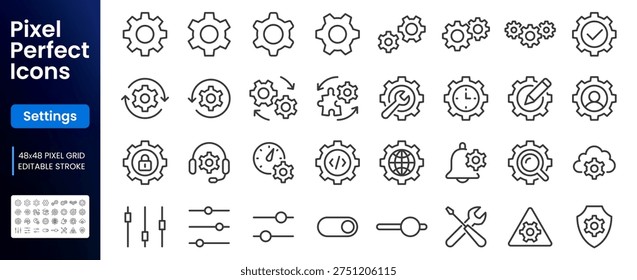 Settings and gear line icon set. Cogwheel, engine, maintenance, repair, process control minimal vector illustrations. Simple outline signs for configuration. 48x48 Pixel Perfect. Editable Stroke.