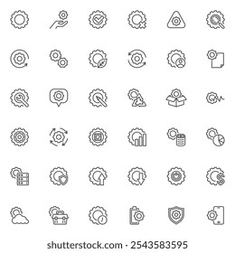 Configurações Conjunto de ícones da linha de engrenagem. coleção de símbolos de estilo linear, conjunto de sinais de contorno. Engrenagem, gráficos vetoriais de roda dentada. Definir inclui ícones como controle, opções, ajustes, configuração, otimização