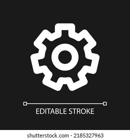 Preferencias engranar píxel blanco perfecto icono ui lineal para el tema oscuro. Configuración. Modo desarrollador. Pictograma de la línea del vector. Símbolo de interfaz de usuario aislado para el modo nocturno. Trazo editable. Tipo de letra arial utilizado