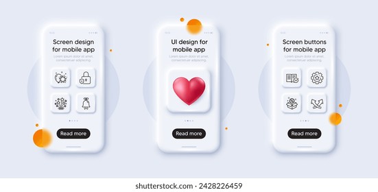Settings gear, Sale and Intersection arrows line icons pack. 3d phone mockups with heart. Glass smartphone screen. Balloon dart, Bell, Approved documentation web icon. Vector