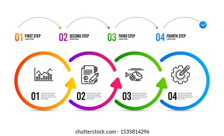 Settings gear sign. Infographics timeline. Medical helicopter, Infochart and Copywriting line icons set. Sky transport, Stock exchange, Ð¡opyright signature. Technology process. Science set. Vector