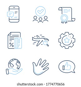 Equipo de configuración, notificación de Smartphone e iconos de línea de comentarios establecidos. Certificado de Diploma, Salvar planeta, grupo de personas. Tarjeta de crédito, señales de vuelo de mano y búsqueda. Vector