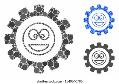 Settings gear smile mosaic of spheric dots in various sizes and shades, based on settings gear smile icon. Vector round elements are grouped into blue mosaic.