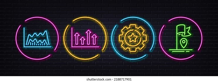 Preferencias engranajes, gráfico de operaciones y flechas superiores iconos de línea mínimos. Luces 3d láser neón. Icono de marca. Para web, aplicación, impresión. Proceso tecnológico, datos de mercado, gráfico de crecimiento. Vector