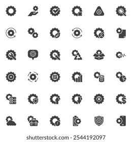 Configurações Conjunto de ícones de vetores de engrenagem, coleção de símbolos sólidos modernos, pacote de pictogramas de estilo preenchido. Placas, ilustração do logotipo. Definir inclui ícones como controle, opções, ajustes, configuração, otimização