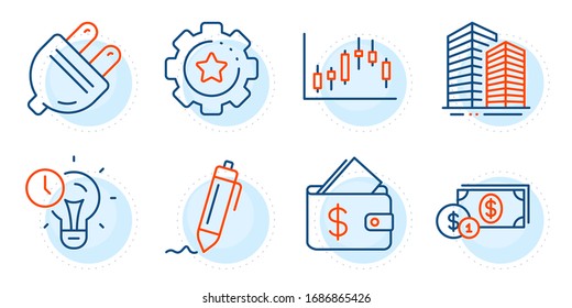 Settings Gear, Wallet And Skyscraper Buildings Signs. Electric Plug, Candlestick Graph And Dollar Money Line Icons Set. Time Management, Signature Symbols. Energy, Finance Chart. Vector