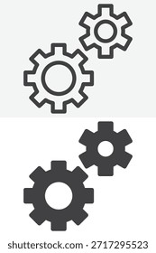 Configuraciones engranajes diferentes estilo conjunto de iconos. Línea y contorno con versión de icono sólido, signo de Vector de trazo editable y símbolo. Icono de Configuraciones de engranajes para preferencias y control.
