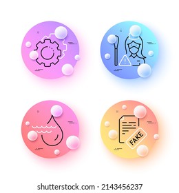 Settings gears, Fake news and Nurse minimal line icons. 3d spheres or balls buttons. Hydroelectricity icons. For web, application, printing. Technology process, Wrong fact, Swab test. Vector