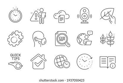 Settings gears, File storage and Technical info icons set. Tutorials, Gluten free and Speaker signs. Vector