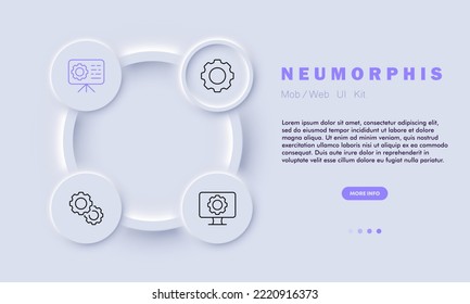 Einstellungen mit dem Symbol für die Zahnräder. Bedienfeld, Würfel, Bildlauf, Buch, Anweisung, Website, Tune, Installation, Anpassung, Konfigurationsdatei, Konfiguration. Setup-Konzept. Neomorphismus-Stil. Vektorliniensymbol