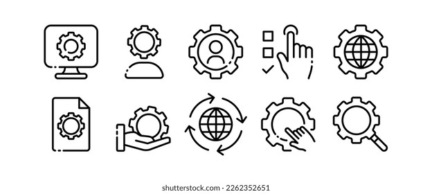 Settings with gears line icon. Control panel, cube, scroll, book, instruction, website, tune, install, adjust, configuration file, configuration. Setup concept. Vector line icon on white background