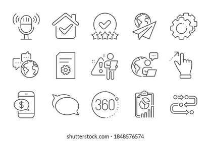 Settings gears, Phone payment and Paper plane line icons set. Report, Talk bubble and Touchscreen gesture signs. Microphone, World communication and Methodology symbols. Line icons set. Vector