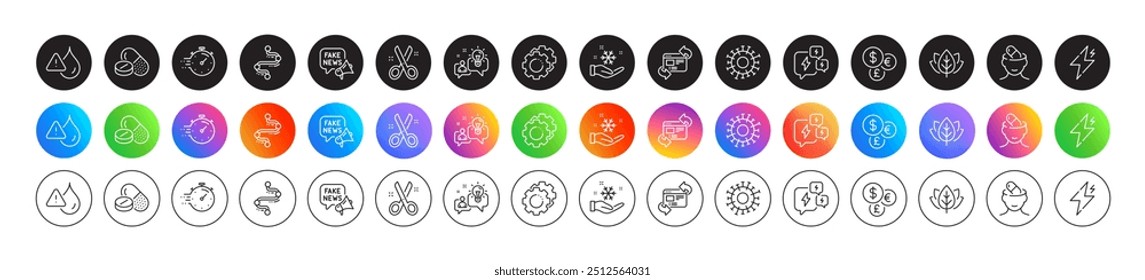 Settings gears, Power and Stress line icons. Round icon gradient buttons. Pack of Money currency, Timer, Medical drugs icon. Coronavirus, Idea, Waterproof pictogram. Vector