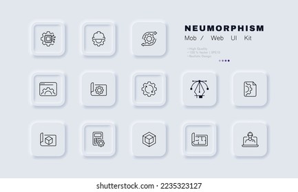 Settings with gears set icon. Control panel, cube, scroll, book, instruction, website, tune, install, adjust, configuration file. Technology concept. Neomorphism. Vector line icon for Business