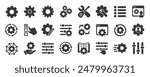 Settings glyph solid icons collection. Containing configuration, maintenance, service, tools, wrench, gear. For website marketing design, logo, app, template, ui, etc. Vector illustration.