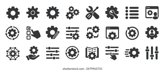 Settings glyph solid icons collection. Containing configuration, maintenance, service, tools, wrench, gear. For website marketing design, logo, app, template, ui, etc. Vector illustration.