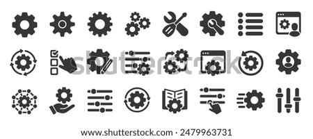 Settings glyph solid icons collection. Containing configuration, maintenance, service, tools, wrench, gear. For website marketing design, logo, app, template, ui, etc. Vector illustration.