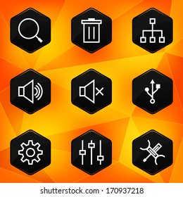 Settings. Hexagonal icons set on abstract orange background