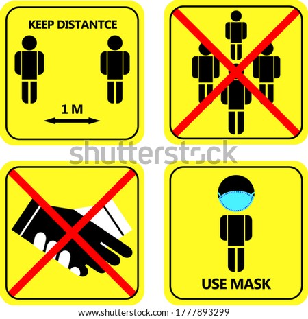 The settings icon is 1 meter away, do not swarm, avoid shaking hands, and use masks to avoid covid19 with the yellow image background of the premium image