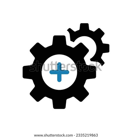 Settings icon with add sign. Settings icon and new, plus, positive symbol. Icon, create, extra, gear, more, plus, work, add, addition, black, business