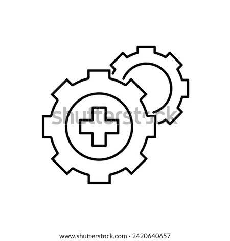 Settings icon with add sign. Settings icon and new, plus, positive symbol. Icon, create, extra, gear, more, plus, work, add, addition, black, business