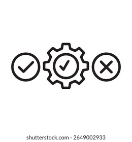 Settings icon in center with checkmark and cross mark icons on either side