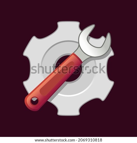Settings icon. Cogwheel and key sign. Hardware tools. Tuning. Desktop icons pack. Computer folder shortcut. Linux inspired theme. UI customization element. Vector illustration.