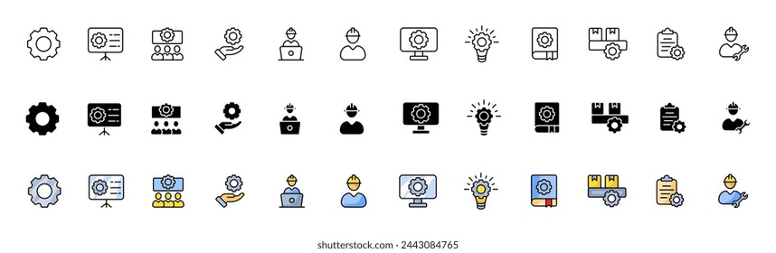 Settings icon collection. Gear icons. Linear, silhouette and flat style. Vector icons