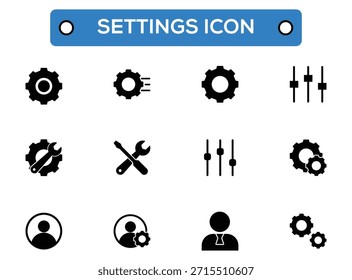 colección de íconos de Configuraciones con engranajes, controles deslizantes y opciones de perfil de usuario para interfaces digitales
