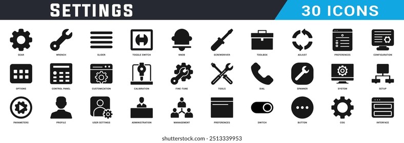 Configurações ícone conjunto de design, Configurações ícones de preenchimento preto pacote