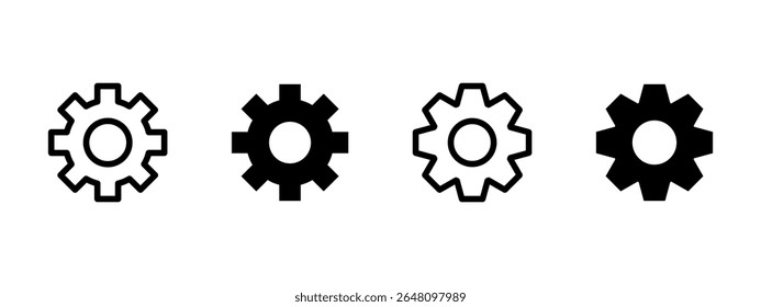 Ícone Configurações. Símbolos de engrenagem e roda dentada em diferentes estilos ilustração vetorial. Símbolo de interface de configuração e controle do sistema. Sinal de ajuste e processo mecânico. Pictograma de engenharia.