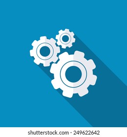 Settings icon. Gears with blue background vector art. Long shadow flat style design