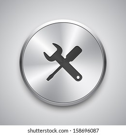 Settings icon on round metal button. Vector background.