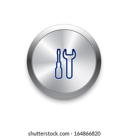 Settings icon on round metal button. Vector background. 