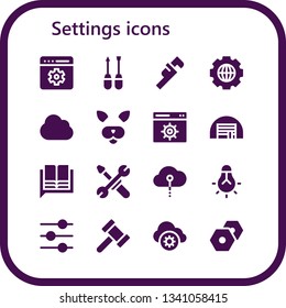 settings icon set. 16 filled settings icons.  Simple modern icons about  - Setting, Screwdriver, Wrench, Settings, Cloud computing, Filter, Storage, Language, Tools, Tungsten