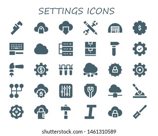 settings icon set. 30 filled settings icons.  Collection Of - Wrench, Cloud computing, Configuration, Storage, Settings, Database, Data storage, Hammer, Filter, Gearshift, Control