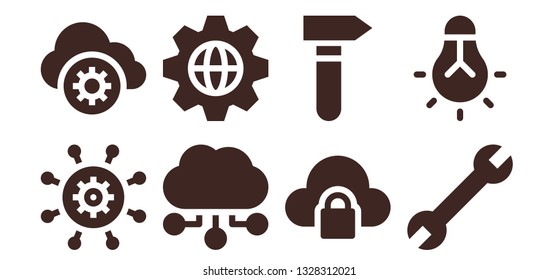 settings icon set. 8 filled settings icons.  Collection Of - Settings, Cloud storage, Cloud computing, Hammer, Wrench, Tungsten