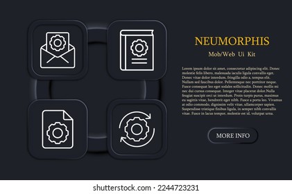 Conjunto de iconos de configuración. Ajustes de brillo, correo, lista negra, configuración, configuración de libros, navegación manual. Concepto de configuración. Estilo neomorfista. Icono de línea de vector para empresas