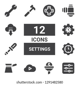 settings icon set. Collection of 12 filled settings icons included Settings, Filter, Cloud computing, Screwdriver, Hammer, Wrench, Controls