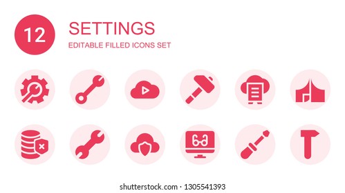 settings icon set. Collection of 12 filled settings icons included Setting, Wrench, Cloud computing, Hammer, Cloud data, Database, Reading mode, Screwdriver, Tool