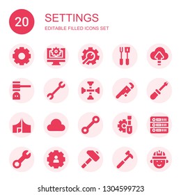 settings icon set. Collection of 20 filled settings icons included Settings, Web Setting, Tools, Cloud computing, Hammer, Wrench, Cross wrench, Screwdriver, Tool, Database