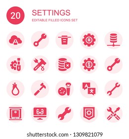 settings icon set. Collection of 20 filled settings icons included Cloud storage, Wrench, Filter, Settings, Database, Screwdriver, Hammer, Tool, Tools, Language, Production, Reading mode