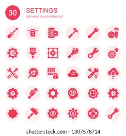 settings icon set. Collection of 30 filled settings icons included Screwdriver, Filter, Database, Hammer, Wrench, Settings, Crank arm, Cloud computing, Fixed, Tools, Night mode