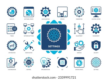 Conjunto de iconos de configuración. Configuración, Ajuste, Debilidad, Parámetros, Actualización de Software, Control, Seguridad, Modificación, Dispositivos. Iconos sólidos de color Duotone