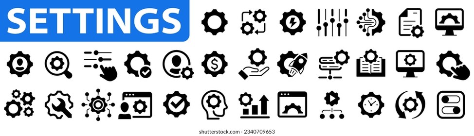 Settings icon set. Settings, configuration, preferences, adjustments, operation, options, download, update, gears and more. Vector illustration